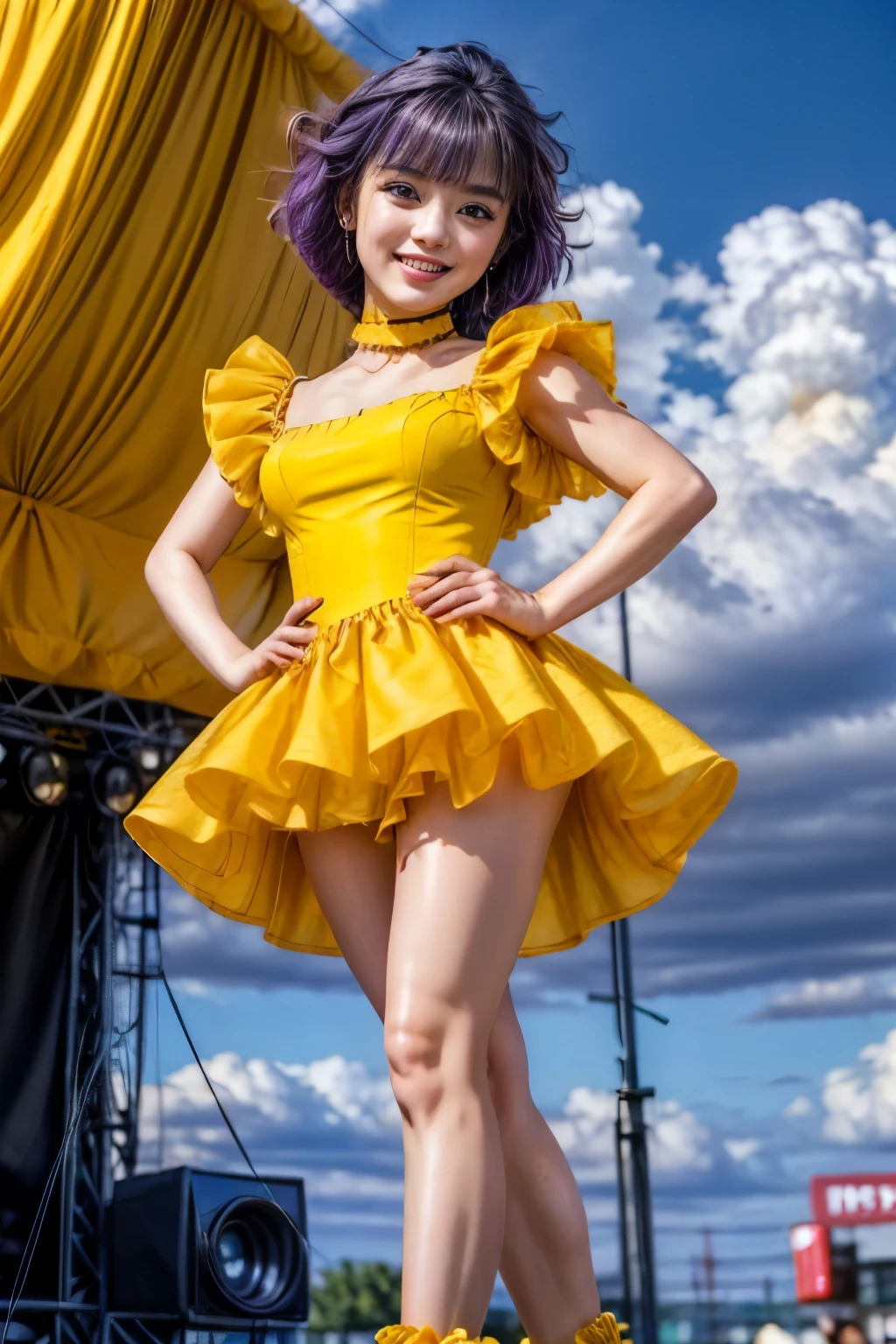 (realistic, photo-realistic:1.4), (best quality, masterpiece), RAW photo, high resolution, intricate details, extremely detailed, professional lighting, full body, solo, 1girl, a Japanese female idol, (very tall woman, smaller face, long legs, thin legs:1.2), (standing with spread legs apart, hands on hips:1.3), creamy mami, (purple hair:1.2), short curls hair, bangs, pale skin, detailed face, detailed eyes, long eyelashes, blue eyeshadow, beautiful pupils, sophisticated nose, (big smile), medium breasts,  (yellow dress, frilled minidress, puff sleeves, choker, anklet strap pamps), photo background, outdoors, live stage, concert, (daytime, sunny, blue sky and clouds),