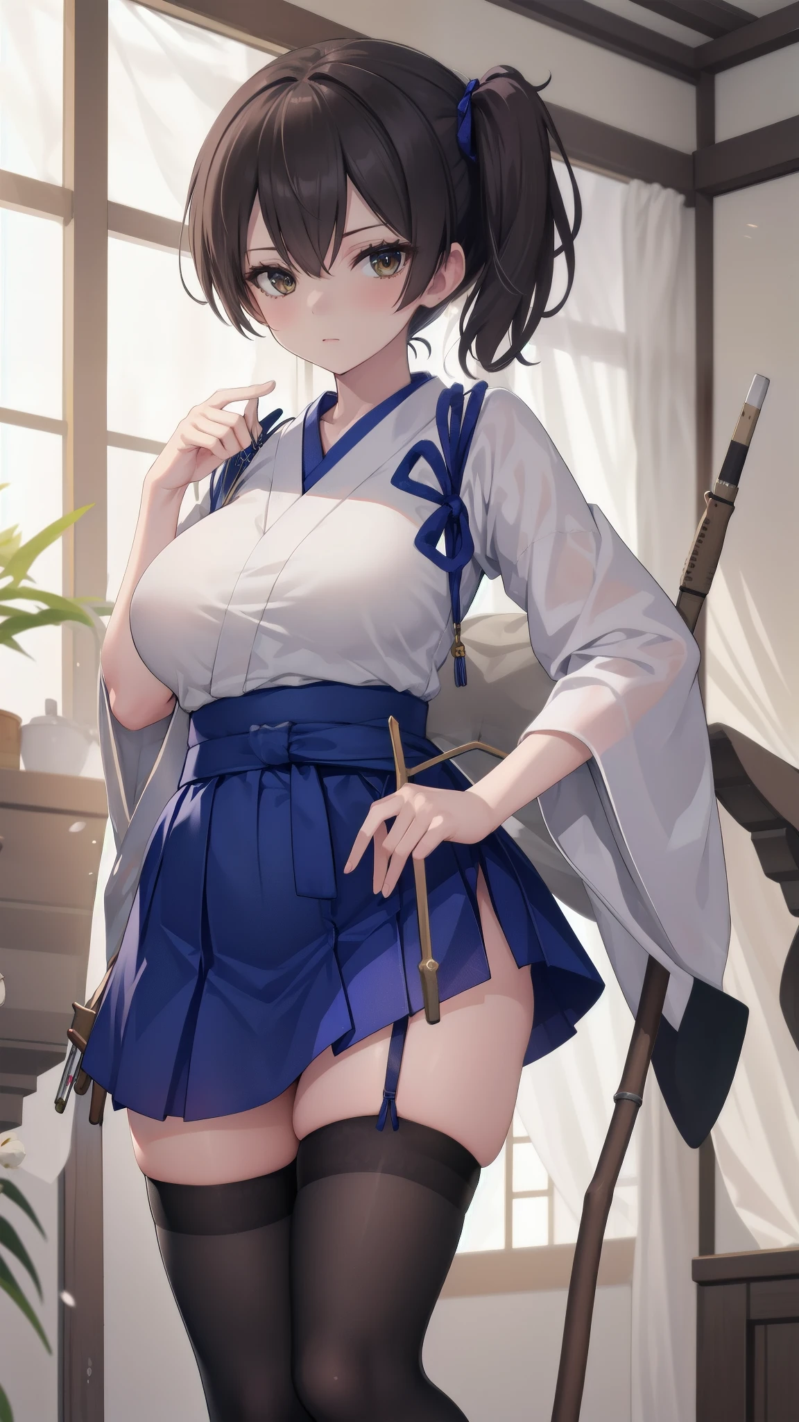 Kaga(Fleet Collection),highest quality, masterpiece, High resolution,kimono,blue skirt,side ponytail,big_breasts,large_thighs,thigh-highs,plump,hold_Japanese_bow,(angry:0.7), bow_shooting_pose