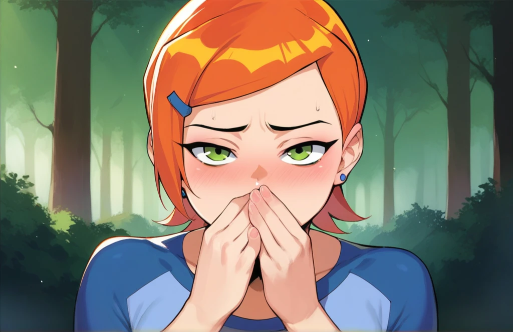 (Masterpiece), Best Quality, ultra-detailed, 1girl (Gwendolyn_Tennyson, beautiful face, breasts, orange hair, short hair, green eyes), , a surprised face, open mouth, nose blush, blush, facing viewer, looking at viewer, solo, thin shirt, shirts torn, , nipples , navel, pussy, in the forest, floor, grass, straddling, upright straddle, girl on top sitting on person, hugging, sex, hetero, upright straddle sex, sex from front, pussy, penis, cumdrip from her pussy