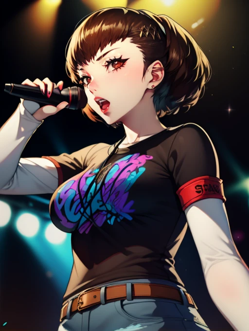 KotoneP3, earrings ,lipstick, eye shadow, makeup, 1girl, solo, black t-shirt, white shirt, blue jeans, belt, lipstick, large breasts, layered sleeves, sexy pose, holding a microphone, singing, stage background, headphones, brown hair