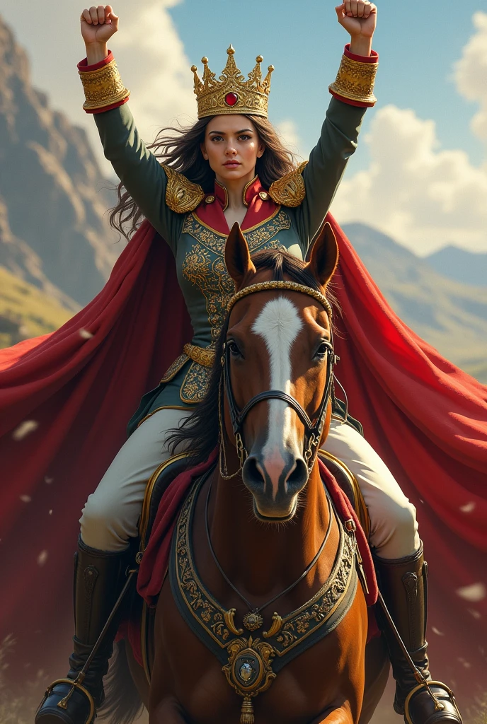 The realistic image is of a superhero mother, in medieval warrior style, with a two-tone medieval cape, being that in one of the colors there is a beautiful lion printed on the other half of the cover, in the other color there is a court jester printed.