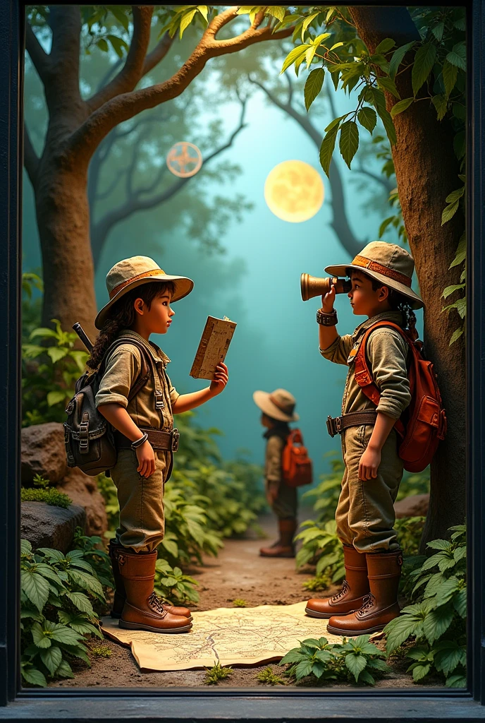 Boys with a map at night surrounded by mountains in the desert