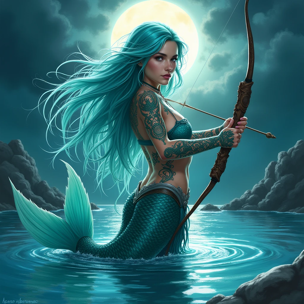 Hi, give me an image of the fish bow referring to a fish with a bow and arrow, as if it were the fusion of Sagittarius with Pisces, but it should be in the Studio Ghibli style, do it without horns, her head is more beautiful