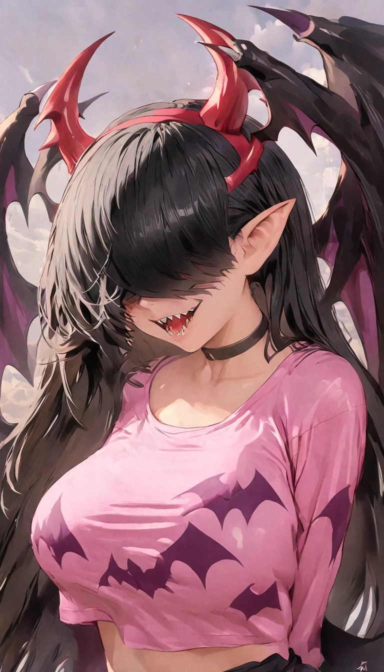 Rosto detalhado, grandes olhos, sharp teeth, hair over eyes, hairband, demon horns, demon wings, long hair, pointy ears, elf, black hair, corpo inteiro