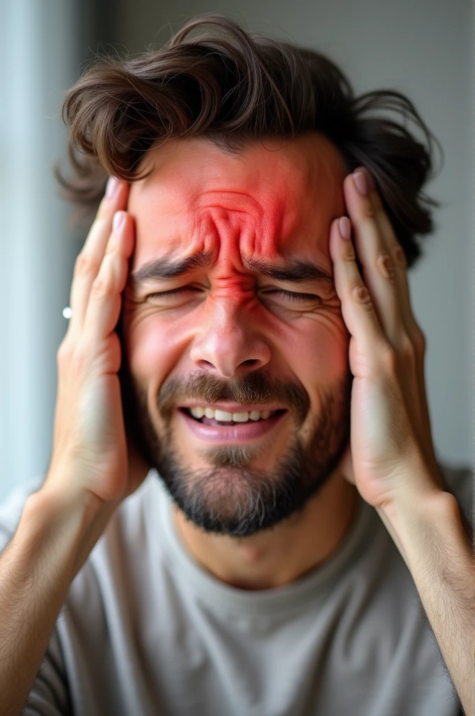 Title text: "SAKIT KEPALA TELINGA PIPI & RAHANG"

Visuals:

A realistic image of an Indonesian person (male or female) showing a pained expression. The subject is holding their head with both hands while also touching their ear, cheek, and jaw to indicate the areas of discomfort.

Left Side Elements:

A detailed anatomical diagram of the nerves in the head and face. This should include key nerves such as the Trigeminal Nerve (responsible for sensation in the face), Facial Nerve (controls facial expressions), and Glossopharyngeal Nerve (involved in ear and throat sensation). The nerve diagram is semi-transparent and labeled to clearly show the connection to the areas mentioned (head, ear, cheek, and jaw).

Background Elements:

A gradient background with vivid red and orange hues to signify pain and urgency. There are subtle graphics or pain icons around the head area to visually represent