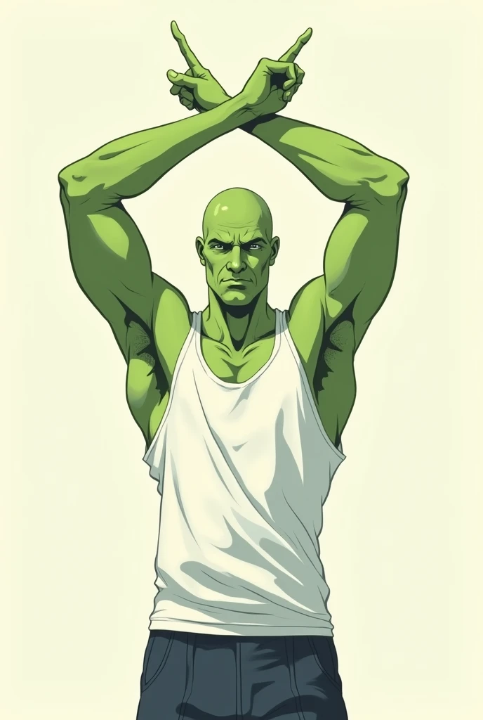 IncrsGCMeme, <lora:GuiltyChallengeMeme:1>, lifted by self, covering mouth, belly, shirt, pants, shrex, green skin, ogre, shrek, <lora:Char_Sigmas_Shrek:0.9>