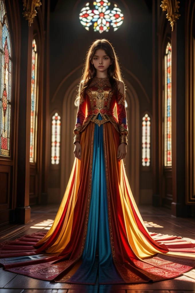 (masterpiece, top quality, Best Quality, official art, beautiful and aesthetic:1.2), 1 girl, age 13, russian, young, full body, stained glass art, colored glass, lead lines, light transmission BREAK vibrant colors, intricate designs, Lighting effects, spiritual environment, sheer dress, skirtliftfront