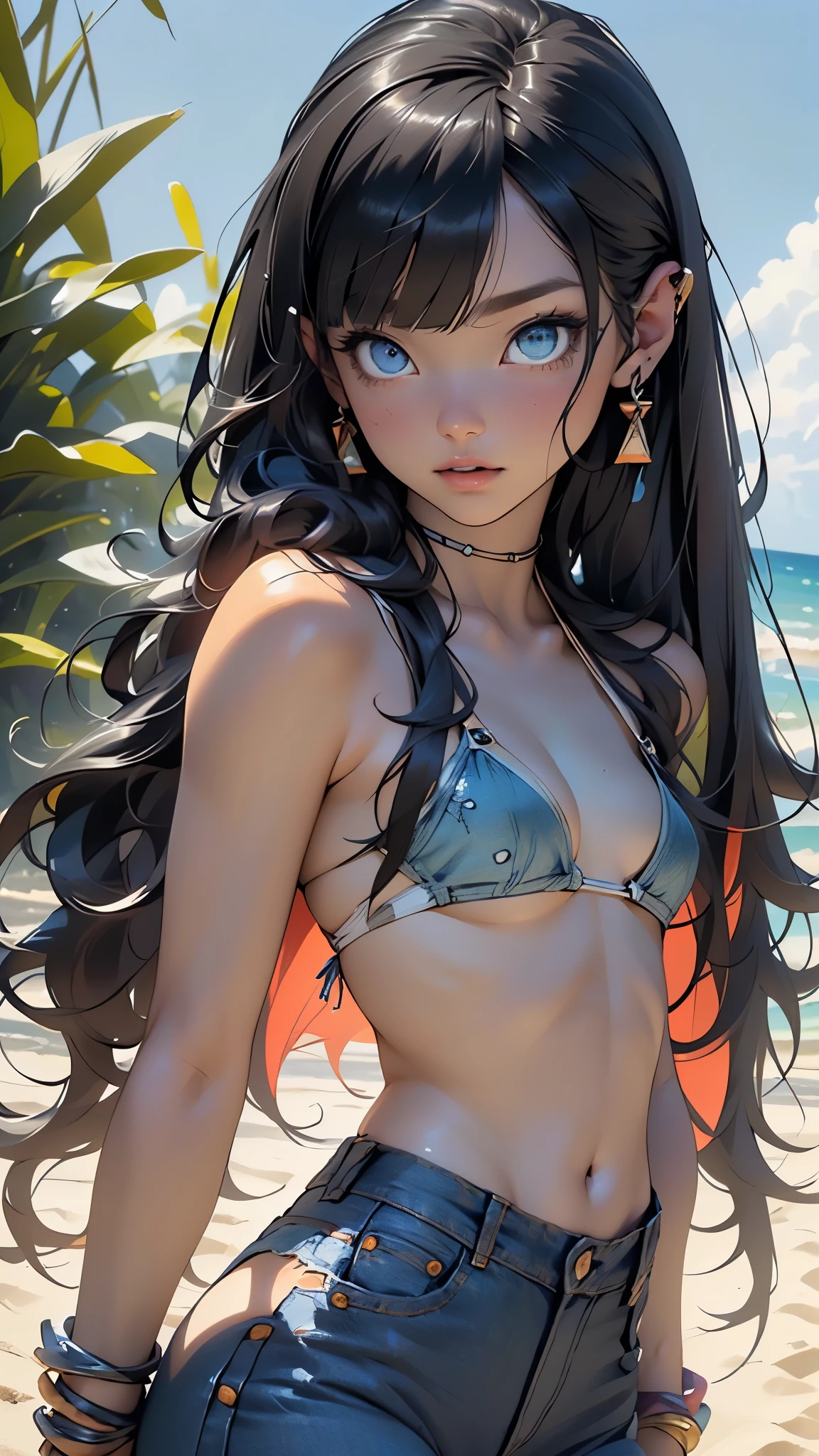 , solo, (upward glance, from above), long haired, twintail haired, black hair, bangs bangs, brown pupil, long eyelashes, beautiful eyes, corset piercing, cleavage, small breast, bikini, meny pierced earrings, lip piercing, thin legs, standing, on beach, detailed description, best quality, masterpiece, 16k, photo realistic,