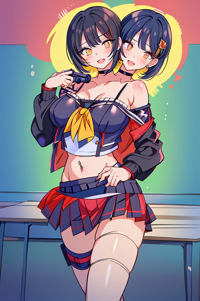 Ikaruga Luca, makeup, lipstick, red lipstick,large breast ,long hair, mature female, makeup, eyelashes, blush, lipstick, masterpiece, best quality, highly detailed, a anime girls in sailor uniforms with a gun posing for a picture, (3heads:1.5), open belly, very huge breasts, (very beautiful eyes:1.5), (very detailed eyes:1.5), exposed midriff, 3heads, three headed girl, girl with three heads, 
evil smile, smile, open mouth,black_serafuku, ecchi anime style, anime girls , (nsfw) not safe for work,
ecchi style, ecchi, shipgirls, digital anime art!!, high school girls, holding a gun, hold a gun, anime style 4
k, micro skirt, exposed belly, exposed navel, exposed midriff, holding pistol,underboob,
exposed lower belly,school, classroom, navel piercing