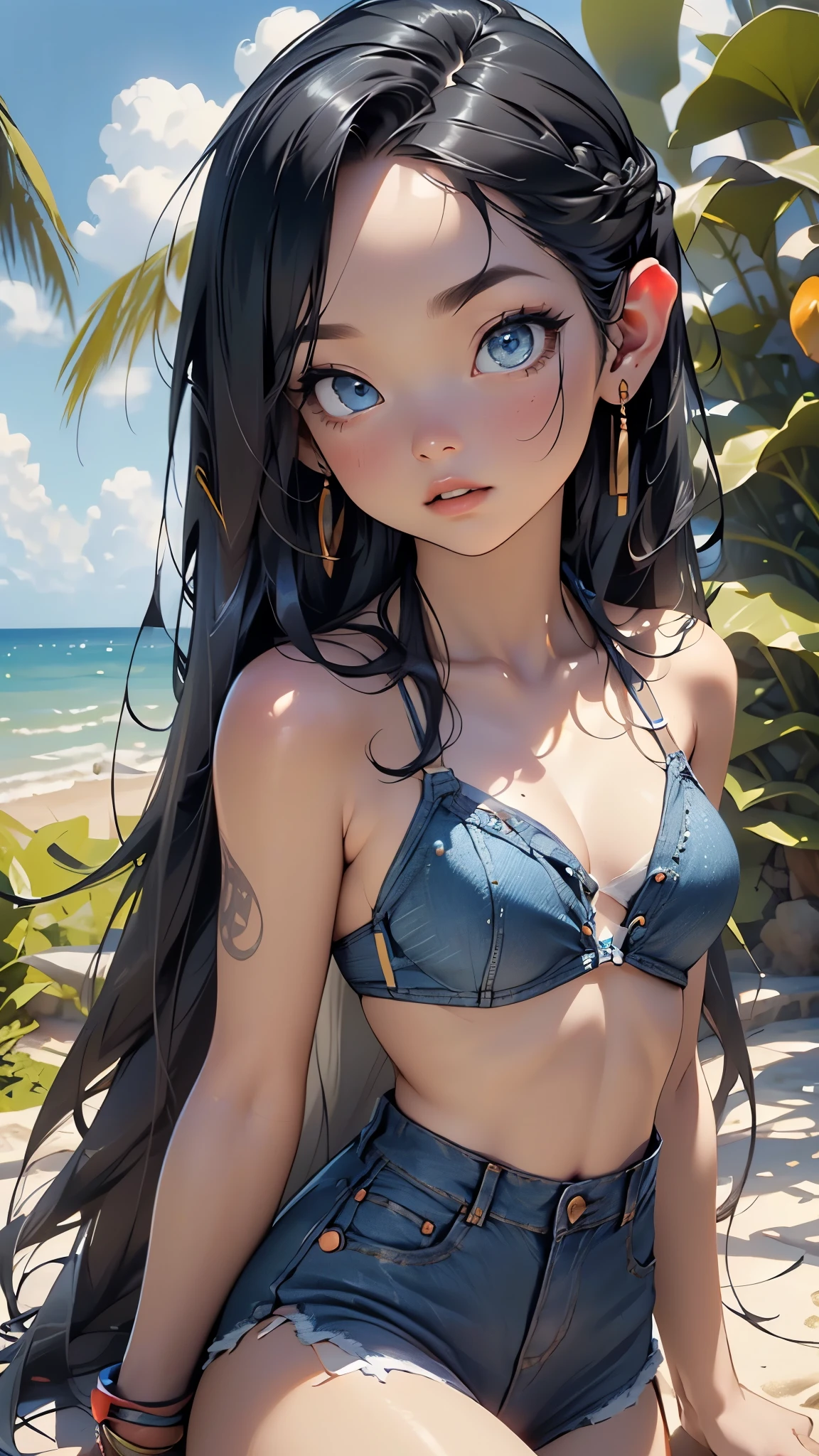 linda chica negra, Cabello atascado, cabello suelto, tetas grandes, Accesorios modernos , gafas, ojos detallados, Sonrisa detallada, ((only panties)), Pose playa, Detalles detallados, Mostrar la espalda a la cama, holographic, Fondo claro y simple