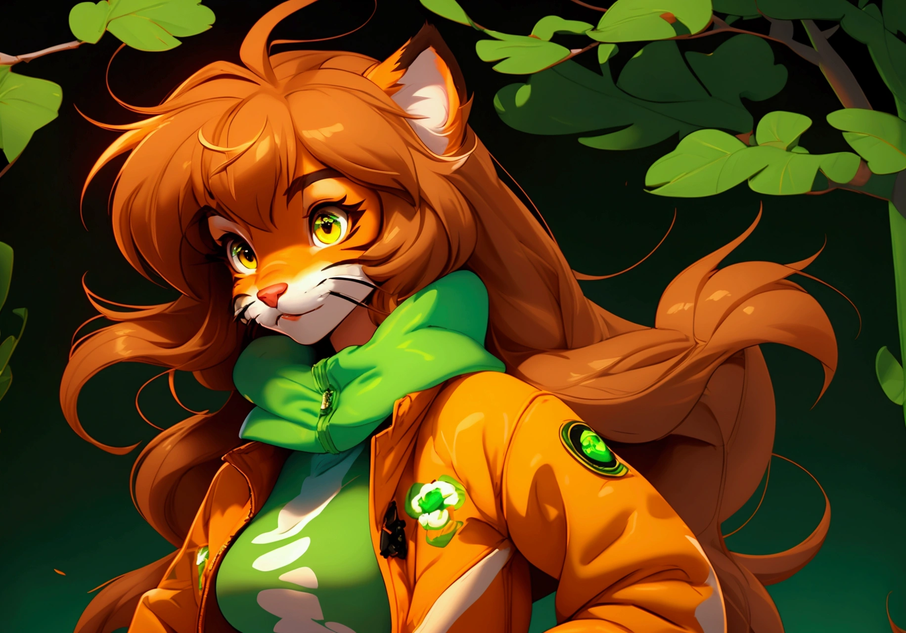 envision a 8k, highres, cinematic, beautiful extreme close up face Pinup of a cute furry female anthro, with a slender muscular body, long brown hair, long bangs, yellow eyes, Orange and White Fur, Tiger Stripes, ((Green Jacket)), ((((! Girl)))), ((Flora Twokinds)), in dark lighting, against a dark gray background