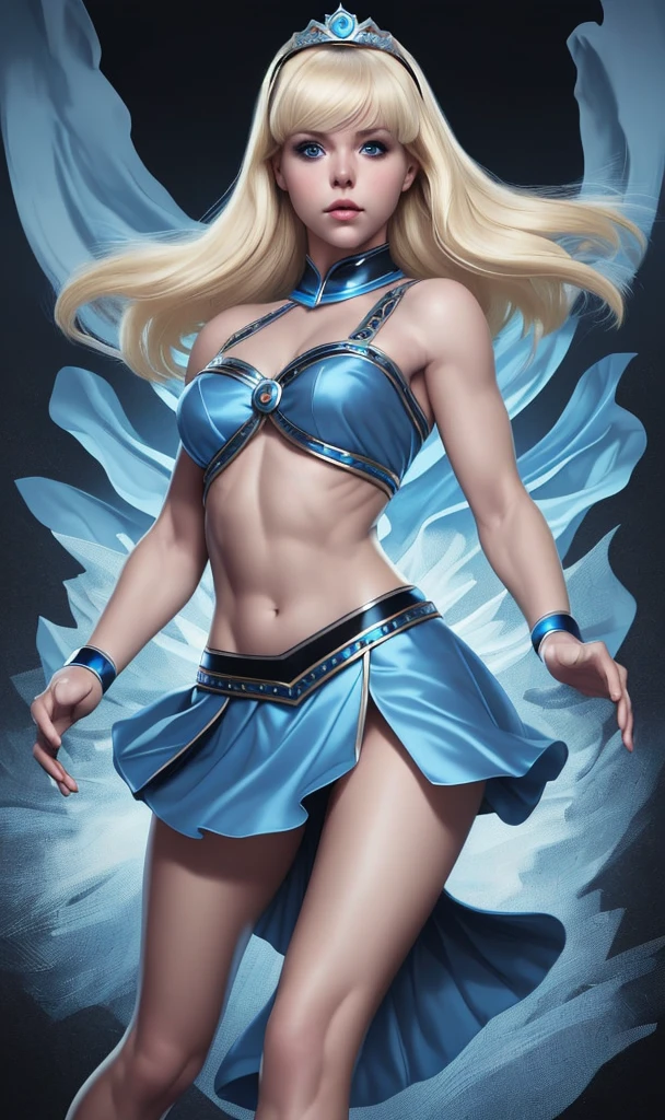 blonde boy, Linda, blue colored eyes, short blonde hair with bangs, black tiara, belly, she wears a flowing mini skirt, fully body, Dynamic pose style (artgerm)