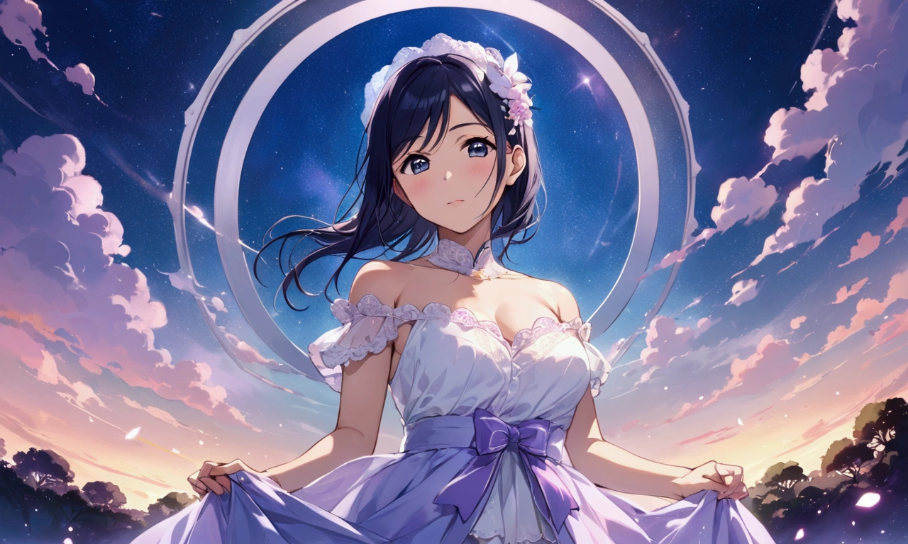the same,
Depicts only one woman,

Black Hair,Wet hair texture,髪の毛からDripping水滴,
(Short Hair.05),Ashime,straight,

((Black Rose))Hair Accessories,Purple Necklace,

Natural skin texture,Big boobs,Narrow waist,Bring both arms together,

((((White one piece dress)))),
White scarf,
(((White transparent jacket))),
Golden crown,

Neuschwanstein Castle,Garden of Roses,stand up,
11:30 PM,wood々,darkness,Starry Sky,moonlight,constellation,shooting star,

Slightly larger breasts,expression(anger),Hall々and attitude,White teeth,Closed Mouth,Narrow your eyes halfway,
blush,From the side,Sexy pose,Broken posture,From the eyes(Tears)Dripping,

Natural depiction,
Beautiful depiction,
Shiny eyes,
Healthy Body,
Natural hairstyle,
Natural body contours,
Natural facial contours,
(Five fingers)A clear depiction of,Symmetrical fingers,
Two arms,Two legs,
Sharp eyelid depiction,
Symmetrical eyes,Symmetrical eyes,
Keep the subject in the center,Expand the upper body,
Beautiful image quality,
Delicate shades,
4K,Very detailed,
Delicate light adjustment,
Delicate contour drawing,
Does not depict nipples,