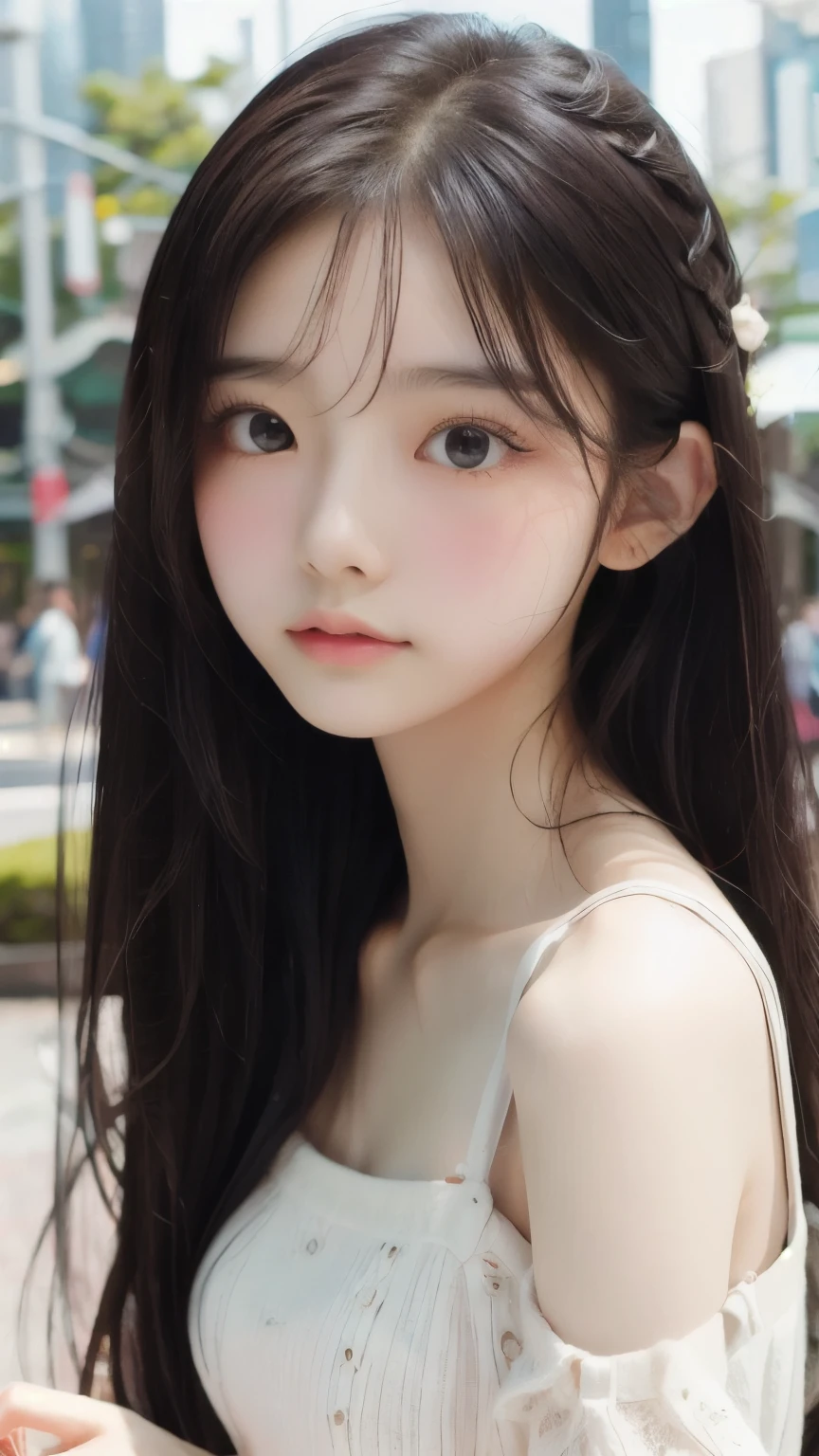 ((sfw: 1.4)), ((sfw, long-hair, sidelocks-hair, 1 Girl)), Ultra High Resolution, (Realistic: 1.4), RAW Photo, Best Quality, (Photorealistic Stick), Focus, Soft Light, (()), ((Japanese)), (( (young face))), (surface), (depth of field), masterpiece, (realistic), woman, bangs, ((1 girl))