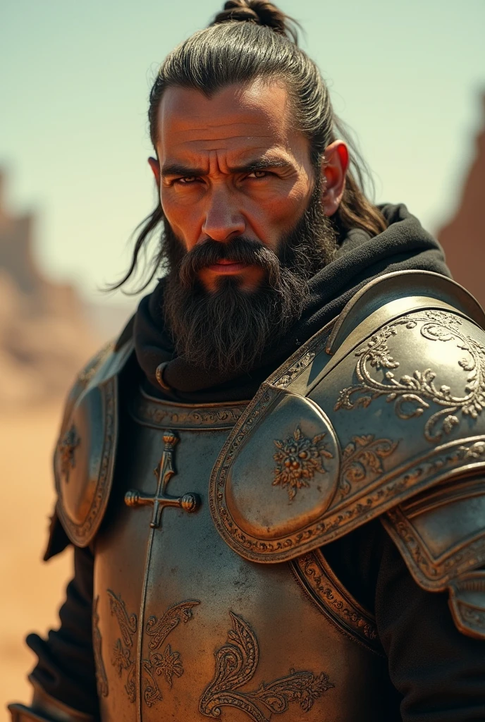 influential warrior, fierce and loyal companion, sculpted face, piercing eyes, sword in hand, battle scars, courageous fighter, dark hair and beard, historical figure, vivid colors, realistic portrait, ancient canvas, dramatic lighting, sandstorm backdrop, dusty desert landscape, iconic personality