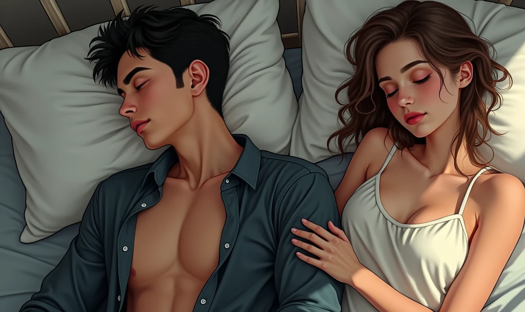Make a tall boy with dark hair, dark brown eyes, white skin and a woman with white skin, brown hair and brown eyes with a striking eyebrow and a chewy nose and straight hair. Make both of them try their sexual moment in realism and she is naked and in bed waiting for him.