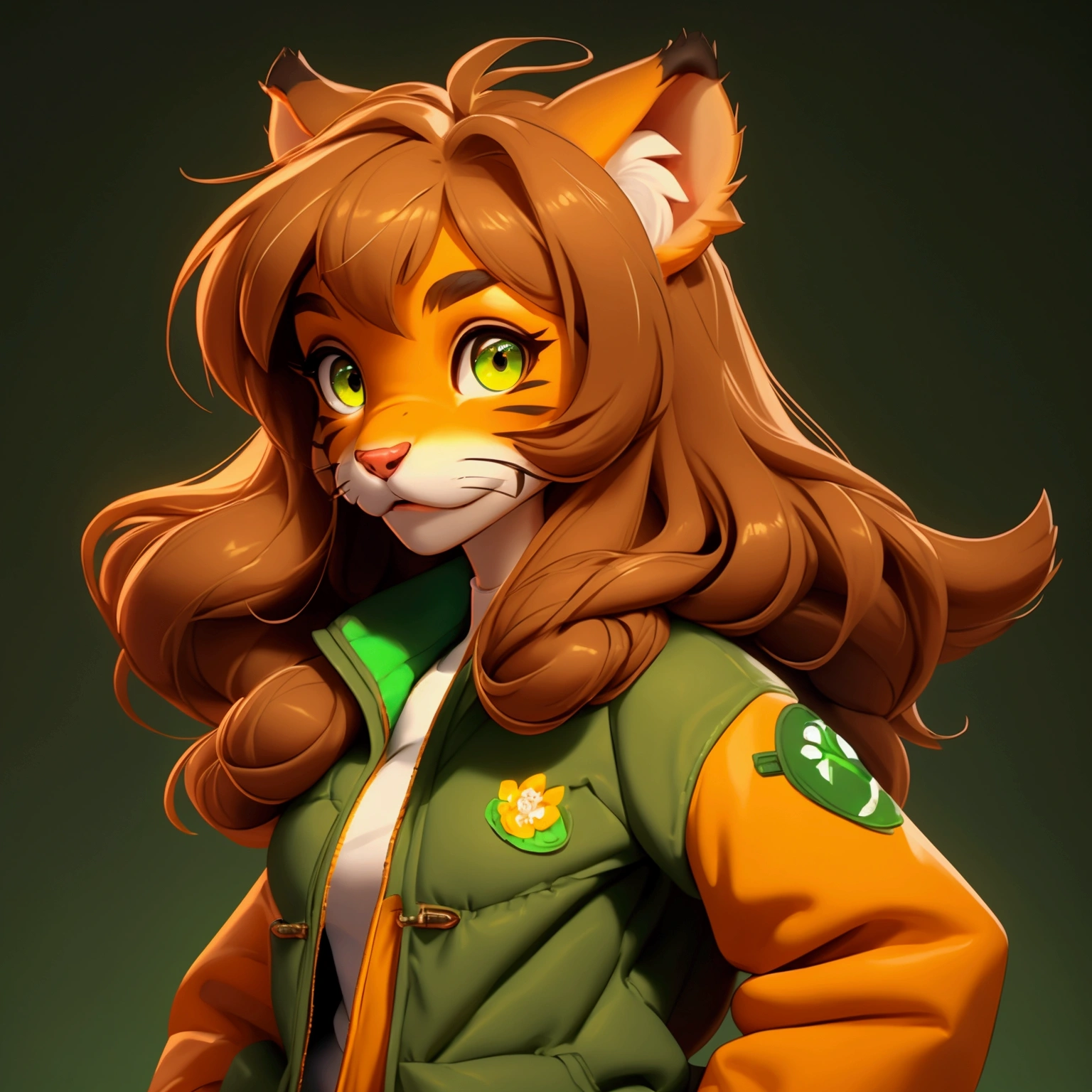 envision a 8k, highres, cinematic, semi realistic, beautiful extreme close up face Pinup of a cute furry female anthro, with a slender muscular body, Mature face, long brown hair, long bangs, yellow eyes, Brown Nose, Animal Ears, Tiger Tail, Orange and White Fur, Tiger Stripes, ((Green Jacket)), ((((! Girl)))), ((Flora Twokinds)), in dark lighting, against a dark gray background