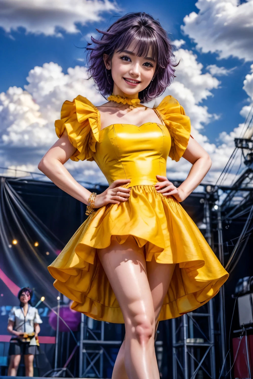 (realistic, photo-realistic:1.4), (best quality, masterpiece), RAW photo, high resolution, intricate details, extremely detailed, professional lighting, full body, solo, 1girl, magical angel creamy mami, a Japanese female idol, (very tall woman, smaller face, long legs, thin legs:1.2), (standing with spread legs apart, hands on hips:1.3), (purple hair:1.2), short curls hair, bangs, pale skin, detailed face, detailed eyes, long eyelashes, blue eyeshadow, beautiful pupils, sophisticated nose, (big smile), medium breasts,  (yellow dress, frilled minidress, puff sleeves, choker, anklet strap pamps), photo background, outdoors, live stage, concert, (daytime, sunny, blue sky and clouds),