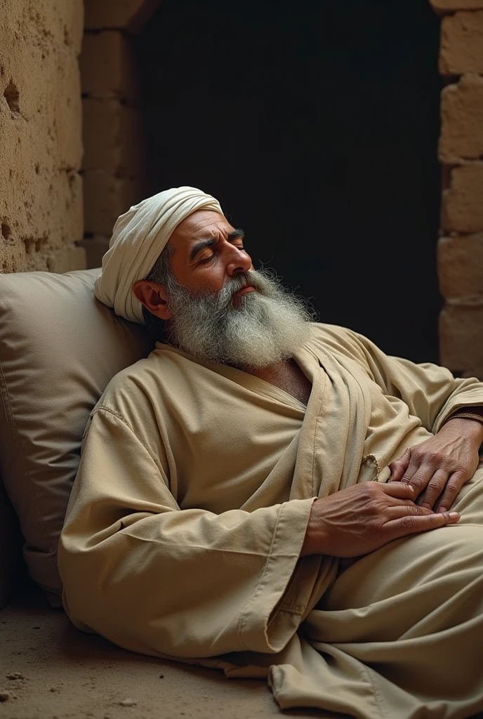 illustrates a 50 year old king who is bare-chested wearing a white Muslim sarong while sleeping on his bed