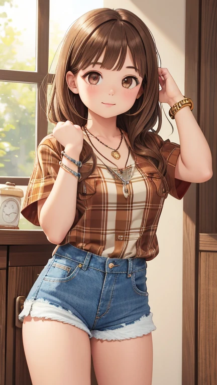 1girl jewelry plaid plaid shirt solo bracelet necklace denim denim shorts realistic shorts brown hair
