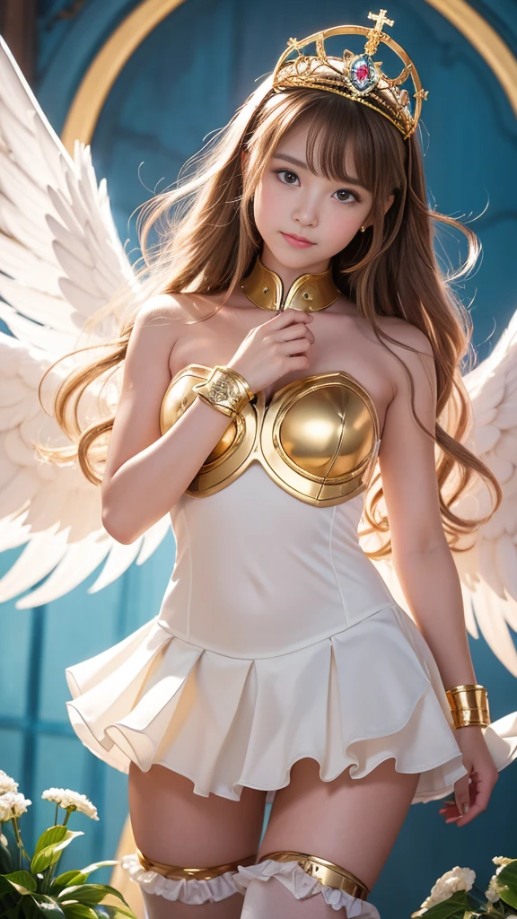 8K, Top Quality, Intricate Details, Ultra Detail, Ultra High Resolution, Masterpiece, ((from behind)), Slender, Smile, (Makeup: 0.4), (Fluffy Blue Eyes: 1.21), blue Eyes, looking at background, ((full body)), 1girl, solo, 1 girl, (( full body)), close up shot, standing , ((tall)), (((fit body))), (((slim face))), sharp face, sharp eyes,, ((( golden hair, very long hair,  )), (((crop top)) (detailed face), sharp face, small lips, ((angel wings)), detailed face, detailed breast, , large breast, detail ass, big ass, round ass , Beautiful girl with accentuated slender abs: 1.4, Six Pack Abs: 1.4, Bust Botox, Big, Perfect Body, detail leg, (( in heaven))