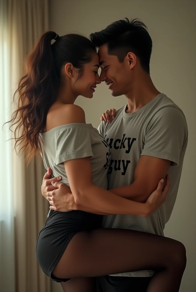 There is a man and a woman who are hugging, couple pose, full body view intertwined, realistic
