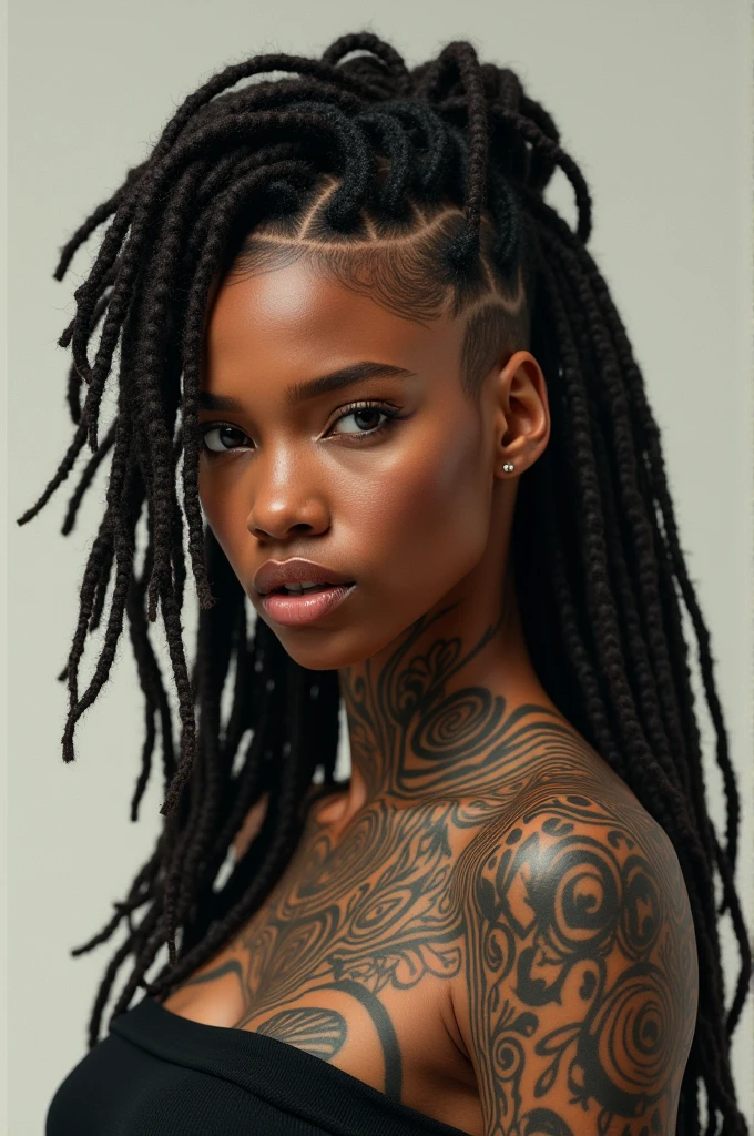 Very young woman with white dreadlocks and dark skin with several tattoos on her body dogstyle with her legs open, putting your hand in the anus