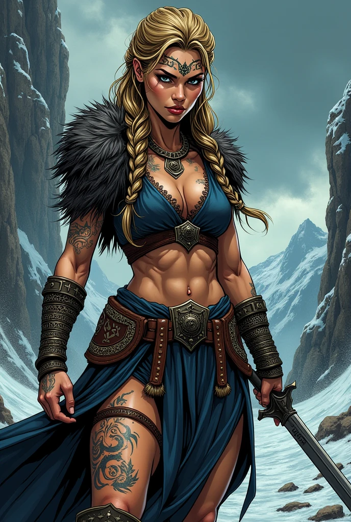 (muscular,superstrong woman viking ), Viking suit, viking tattoos, a background village, falling snow, ultra-realistic 3D rendering with Octane Render, (dramatic and vivid lighting),(stunning 8k resolution, crystal clear),precise texture details. --auto --s2
