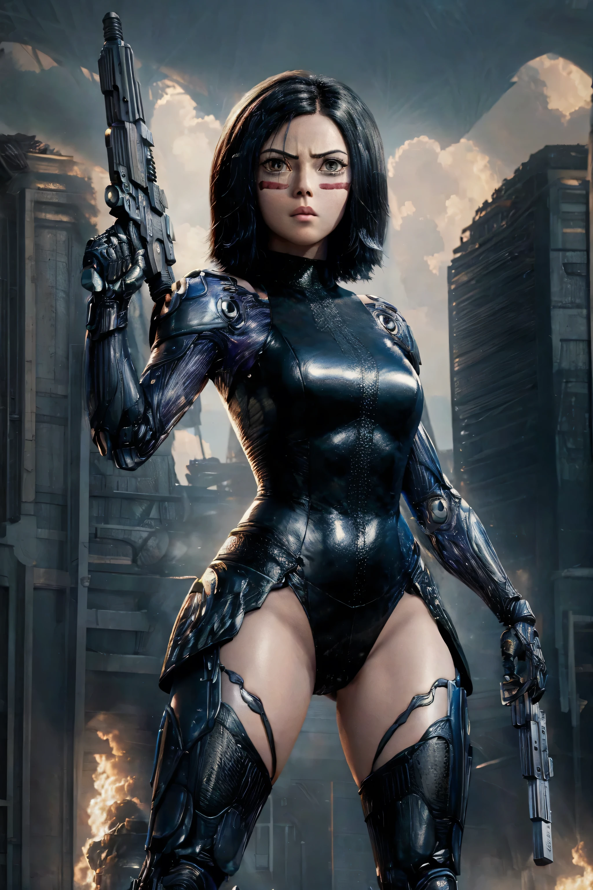 Alita, with a gun in hand, Giant Weapon, wearing a leotard, thighs showing, beautiful athletic body ,combat pose holding a futuristic weapon 