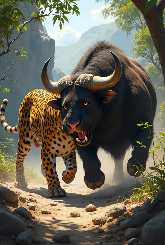 This is a digital image of a white-toothed viper walking on rocky ground. And the buffalo, with its mouth wide open, emits sharp teeth and sharp claws. And its eyes are yellow. The background is a light green tree from sunset. The land is covered with rocks and boulders and there are trees and mountains in the distance. The general feeling of the image is fierce and energetic.