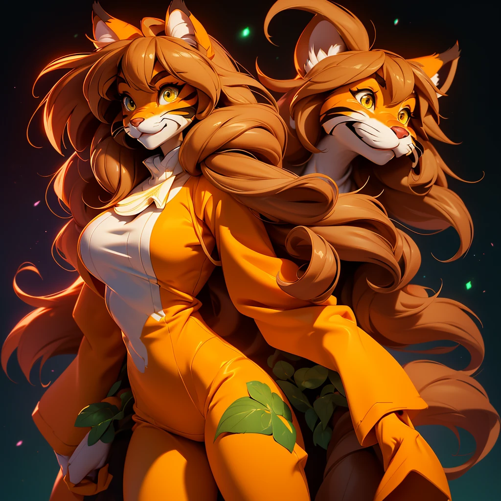 envision a 8k, highres, cinematic, beautiful extreme close up face Pinup of a cute furry female anthro, with a slender muscular body, long brown hair, long bangs, yellow eyes, Orange and White Fur, Tiger Stripes, Green Jacket, ((((! Girl)))), ((Flora Twokinds)), in dark lighting, against a dark gray background