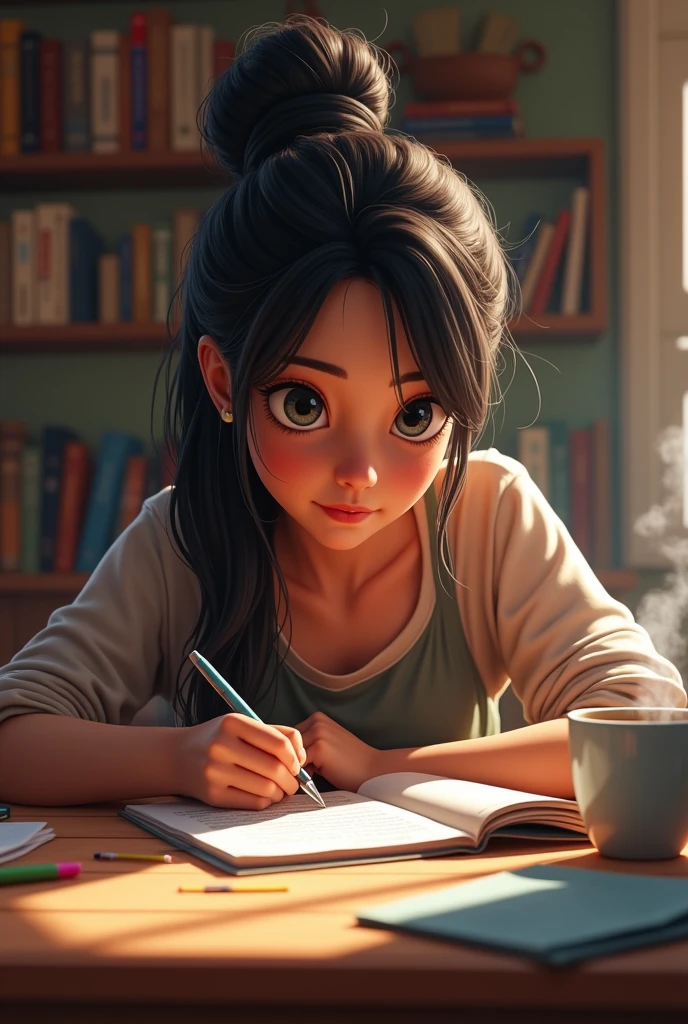A woman sitting at her desk reading a book of fables, pequenas borboletas azuis sobrevoam o livro com se estivessem saindo de dentro livro, painting digital adorable, bela arte digital, pintura realista, arte digital detalhada bonito, in style of disney animation, very magical and dreamy, Beautiful digital illustration, arte de pintura digital dos desenhos animados
