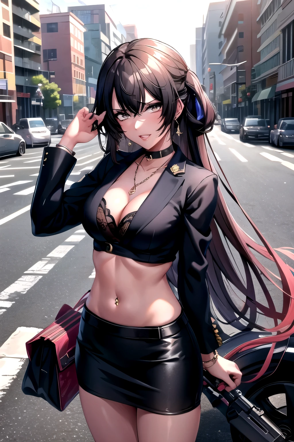 coashano, jewelry, earrings, parted lips, necklace, shiny hair, bracelet, makeup, long hair, medium breast , Hot girl, baddie, bad attitude, mean girl, crazy, smoking, sensual, attractive, blush, lipstick, cityscape, next to police car,outdoor,street,road, police car, sunny day, masterpiece, best quality, highly detailed, a girls with a gun, open mouth, blazer, sexy gaze, (nsfw) not
safe for work, badass pose , evil smile, smile, black bra, anime girl with long hair, long haired girl,
navel, evil expression, exposed belly, exposed navel, exposed midriff, exposed lower belly, micro
miniskirt, micro pencil skirt, pencil skirt ,holding a gun, holding pistol, navel piercing