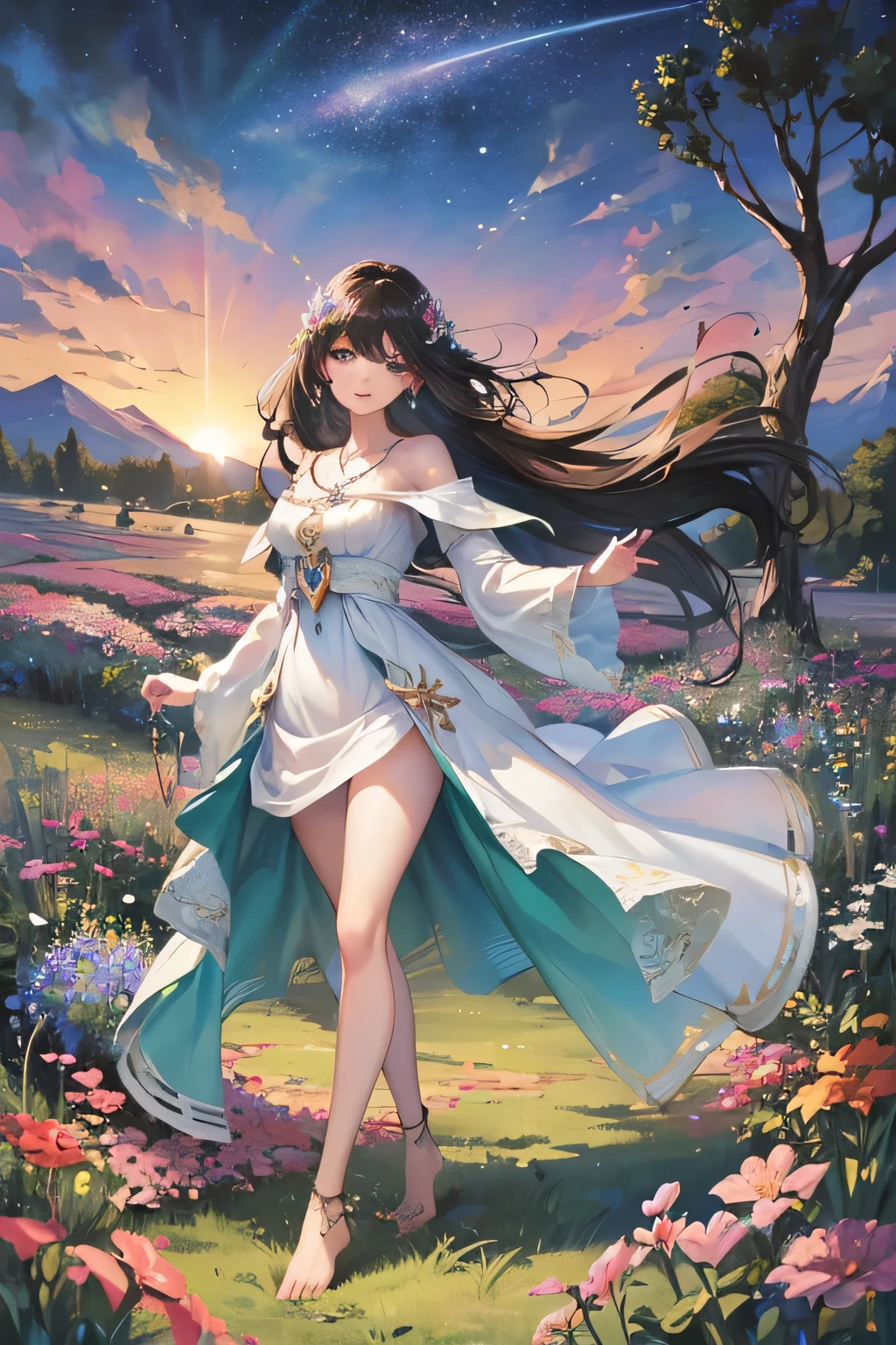 Make an image of a beautiful and pretty woman holding a purple flower, make her look beautiful and pretty, make the background a valley with a waterfall in the background