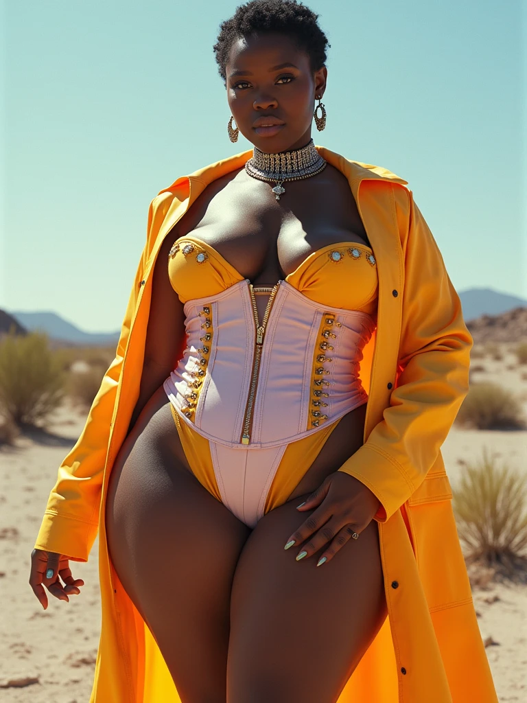 MASSIVE BUTTOCKS, tiny waist, UHD, She's a dark skin melanin Goddess, DSLR, translucent (tan plastic) high leg warmers, translucent (puffy intricate) gradient sleeves, park sidewalk, expressive pose, infinitely smallest waist, tiny paper-thin waistline, very long mohawk fade, tiny waist:2, RAW footage, no nudity