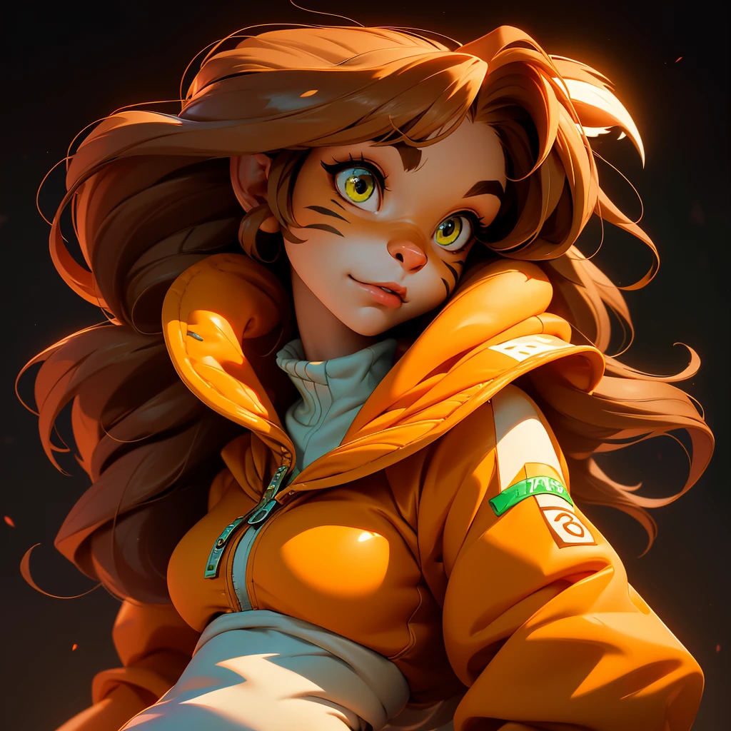 envision a 8k, highres, cinematic, beautiful extreme close up face Pinup of a cute furry female anthro, with a slender muscular body, long brown hair, long bangs, brown animal nose, yellow cat eyes, Orange and White Fur, Tiger Stripes, Green Jacket, ((((! Girl)))), ((Flora Twokinds)), in dark lighting, against a dark gray background