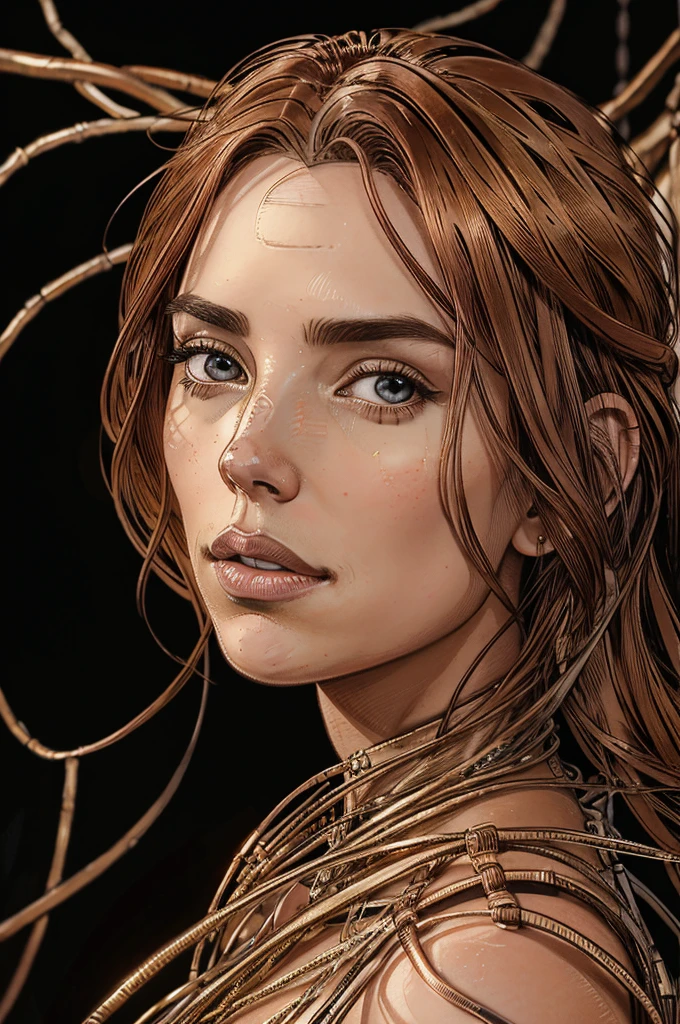 A stunning woman with hair made of intricate copper wires, cascading down like a metallic waterfall. She wears a dress fashioned from delicate, interwoven copper wires, glinting under the light. Her visage is a mesmerizing blend of Alison Brie, Scarlett Johansson, and Dove Cameron, creating a unique, symmetrical face that exudes elegance and grace. The entire scene is rendered in photorealistic quality, capturing every fine detail with stunning clarity. The overall artwork is a masterpiece, presented in 8K high resolution, showcasing the top-quality craftsmanship and artistic vision.