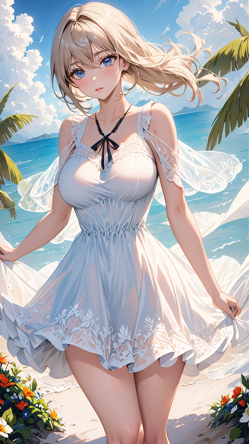 very cute and beautiful girl,White ruffled sundress with fine lace,(Very exquisite beautiful face and eyes:1.2),smile Standing in the middle of a sunflower field,Beautiful summer sky,
Mid Shot,(smile),Black Hair,Dynamic pose,Leg details,Big Breasts、Perfect proportions
(highest quality,masterpiece:1.2),Absurd,High resolution,Very detailedな,Very detailed,32k,8k resolution,
Intricate details,Movie Scenes,Detailed Background,alone,Dynamic Angle,
alone,Hair blowing in the wind,Second dimension beautiful girl