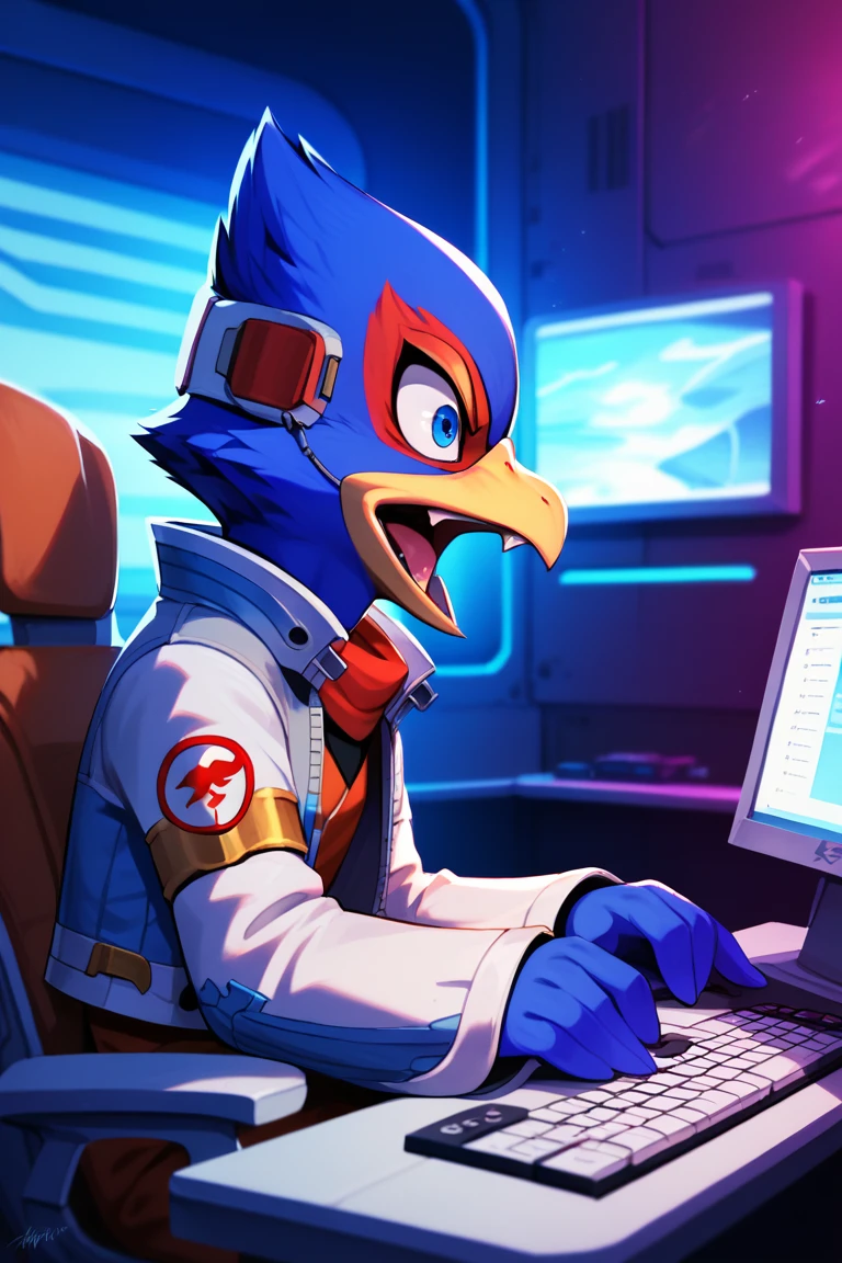 score_9, score_8_up, score_7_up, score_6_up, 1boy, solo, Falco lombardi, inside spaceship, beckoning, straight on, best quality, masterpiece,Angry expression, wide eyed, blue eyes, open mouth, mouth wide open, fangs, profile,Looking at computer, sitting in chair, bending forward, keyboard,Blue room, blue lighting,