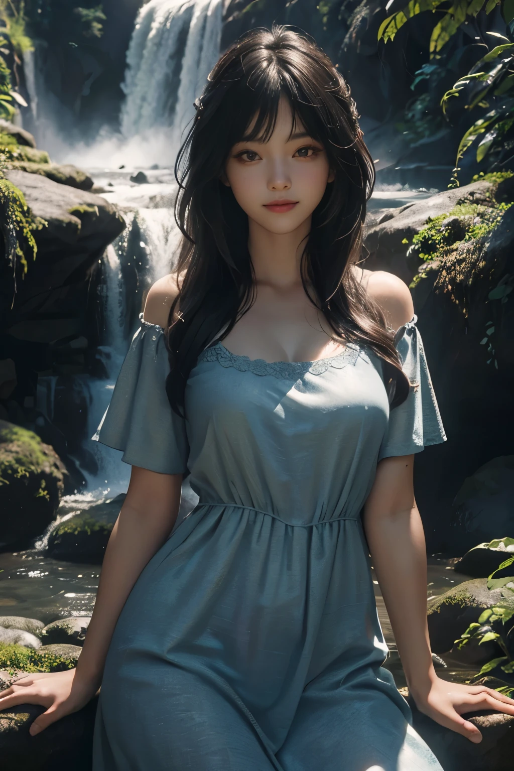 (ultra realistic) , (illustration), (increase resolution), (8K), (extremely detailed), (best illustration), (beautiful detailed eyes), (best quality), (ultra-detailed), (masterpiece), (wallpaper), (detailed face), 1 girl, black straight hair, plump breasts, slender body, delicate details, in the dark, deep shadow, low key, pureerosfaceace_v1, happy smile, summer dress, waterfall, rainforest