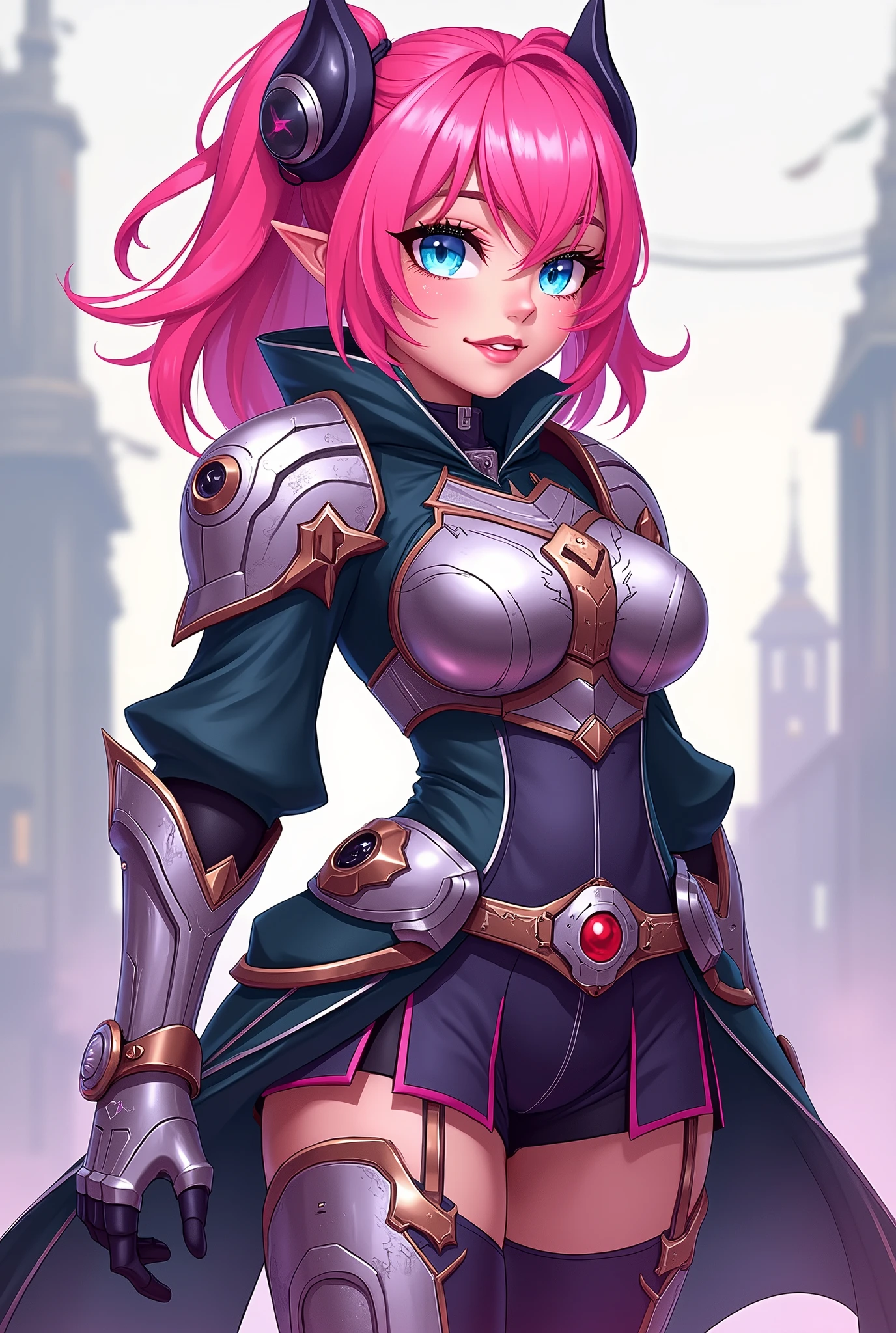 1girl, (monster girl:1.5), (sunset sharpshooter:1.3), elf, (in a  hall:1.3), full body, black hair, Grecian Braided Updo, pink lipstick, , [:wild costume design:0.2], wings,top-down bottom-up,glasses, wide hips, tall, athletic hourglass figure,skindentation, ((power armor, clothes lift:1.2):1.2), <lora:EnvyBeautyMixXL02:1>