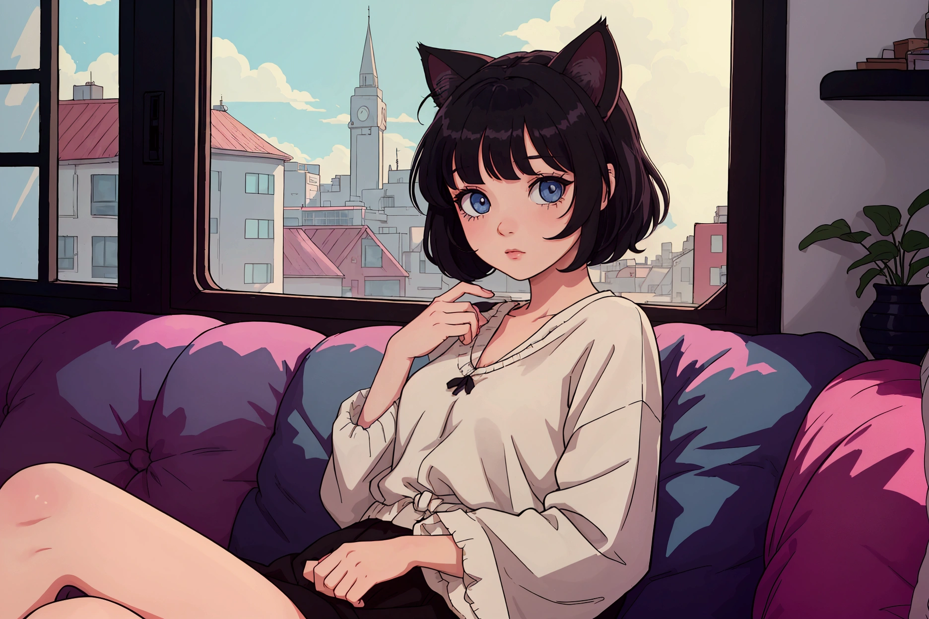 A girl with short black hair and cat ears, wearing dark clothes,with shiny hair with a relaxing atmosphere. afternoon day, She is a little further away, with a view of her from the waist up, listening to music, and the detailed and vibrant colors, reflecting an 80s and 90s anime aesthetic, mixed with a touch of Fujifilm aesthetics. The girl has beautiful eyes, and the entire composition is in 4K, capturing the lofi aesthetic with a soft and tranquil atmosphere.