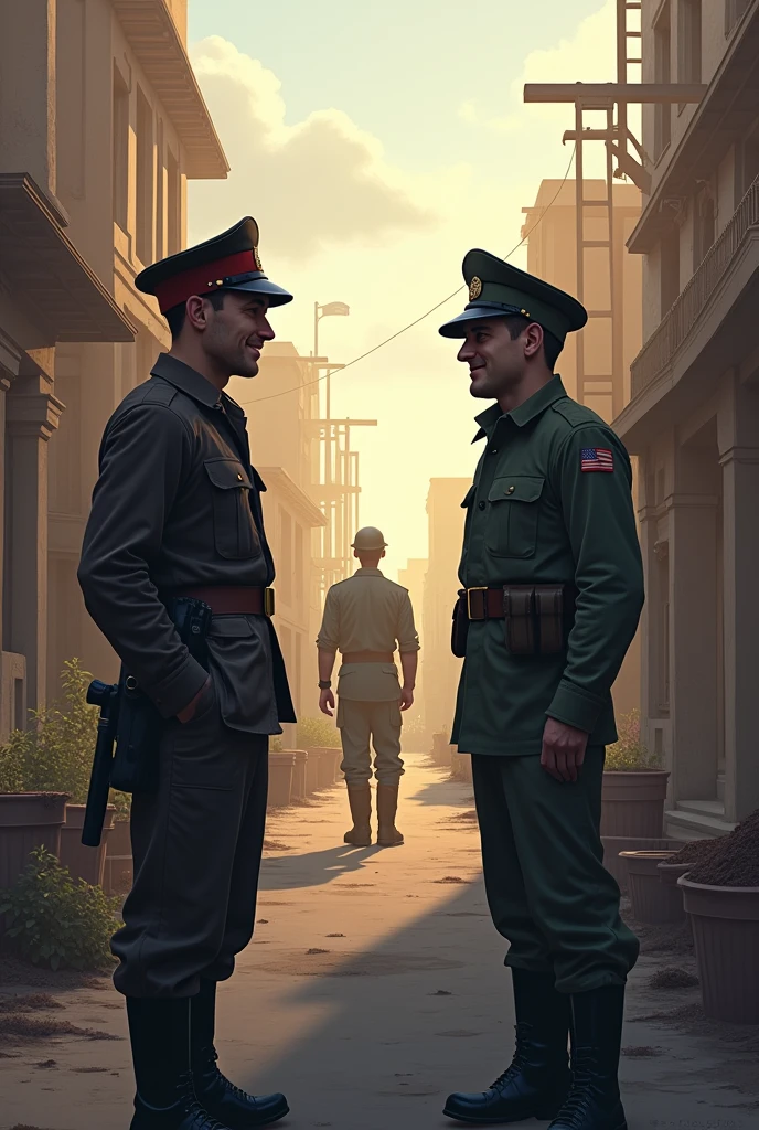 Soviet officer in 1964 belted uniform, with his back to a 1964 Soviet military barracks, night, 1994 Soviet pole with orange light, cgi, 8k, high resolution, image with absurd realism