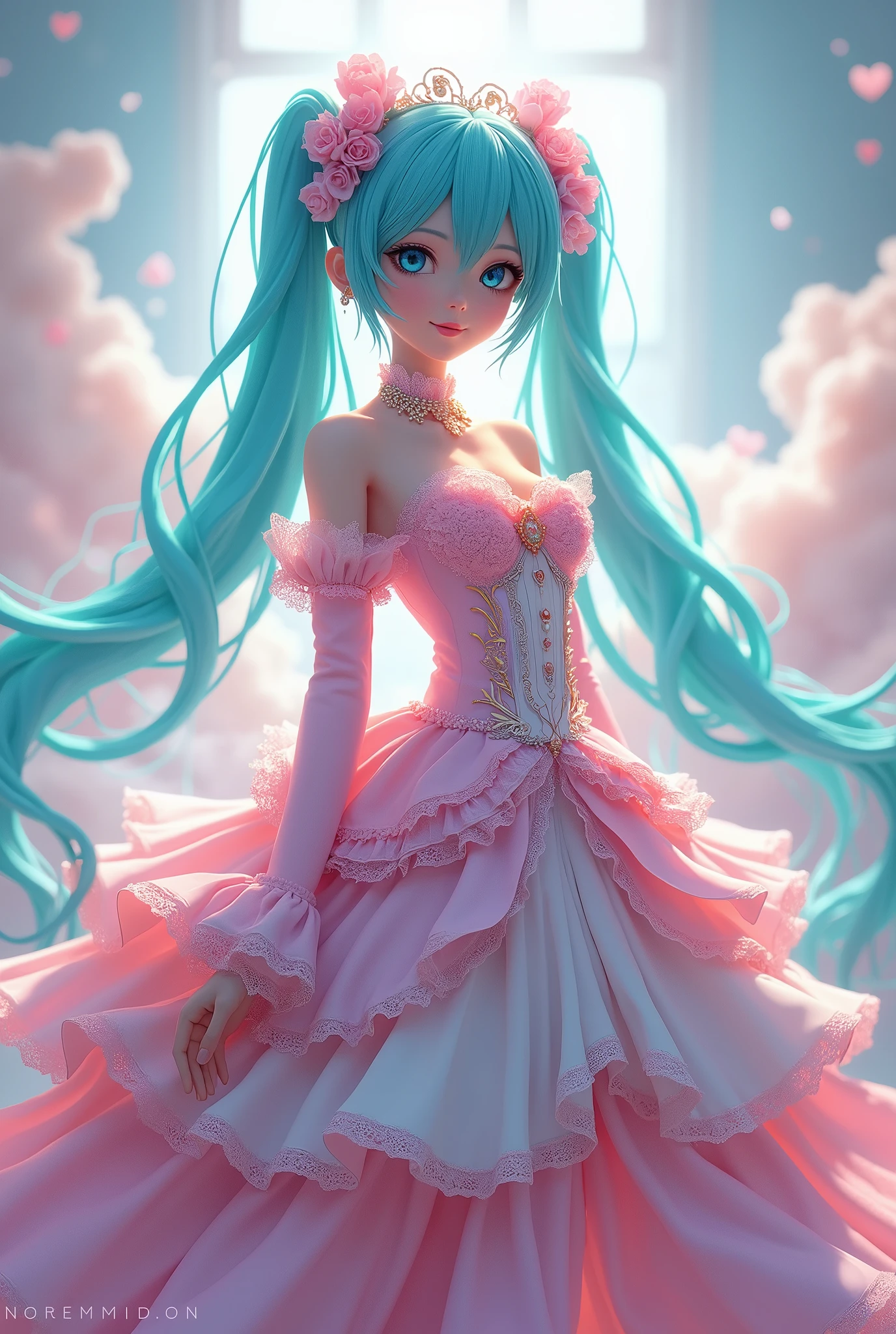 Anime girl with blue hair and pink dress in a pink room - SeaArt AI
