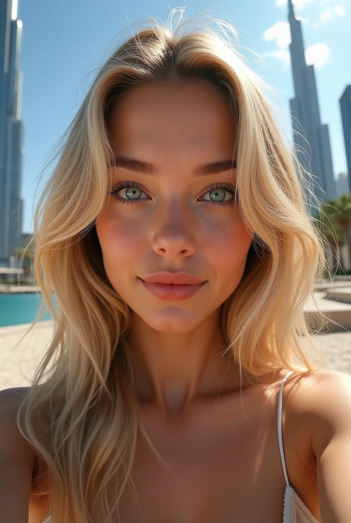 1 girl, Selfie, blonde, blue colored eyes, big boobies, freckles, sultry body
