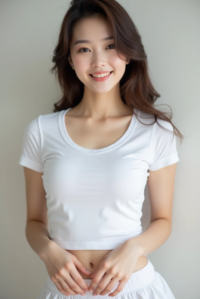 Japanese women, 40s, White background, simple背景,Long Hair、White-brown hair, Slender, 4K, 8K, High quality, Beauty products, EyesBeautiful Eyes, simple, It is high resolution.,1 person,Beautiful Skin,Beautiful Skin、Natural smile、Short sleeve、Wearing a white shirt
