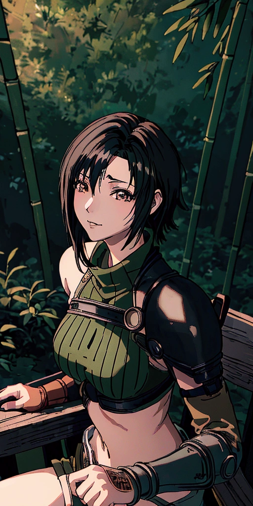 (((masterpiece))),((Highest quality、masterpiece、anime style、best quality、high resolution、8k、detailed、ultra-detailed:1.3)),(((Beautiful one woman:1.3))),((yuffie kisaragi,Black Hair、Shortcuts:1.3)), headband, green crop top, shoulder armor, armguard, fingerless gloves, tan shorts, single thighhigh, fishnets, upper body, looking at viewer, furrowed brow, smug smile, closed mouth, grass, bamboo, sky,sexy pose,outdoor,Daytime