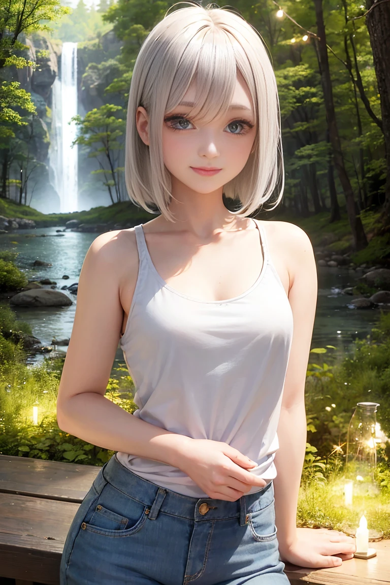 best quality, masterpiece, highres, the beautiful girl , full body,silver short hair, green eyes, photorealistic, (high detailed skin:1.2), 8k uhd, soft lighting, high quality, volumetric lighting, high resolution,Sitting under the big waterfall,wet body