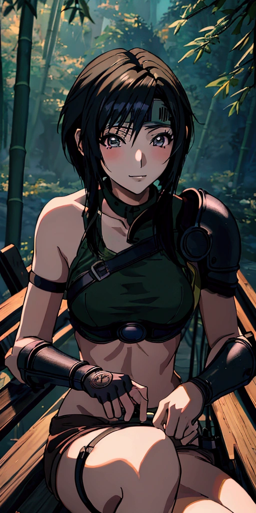 (((masterpiece))),((Highest quality、masterpiece、anime style、best quality、high resolution、8k、detailed、ultra-detailed:1.3)),(((Beautiful one woman:1.3))),((yuffie kisaragi,Black Hair、Shortcuts,Beautiful Eyes:1.3)), headband, green crop top, shoulder armor, armguard, fingerless gloves, tan shorts, single thighhigh, fishnets, upper body, looking at viewer, furrowed brow, smug smile, closed mouth, grass, bamboo, sky,sexy pose,outdoor,Daytime