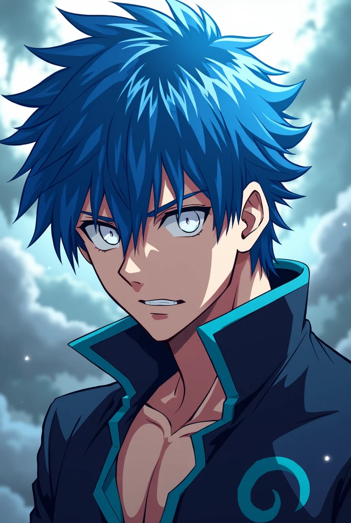 anime, male, fantasy, black eye, blue pupil, raven style, spiky hair, athletic, full body, head to feet